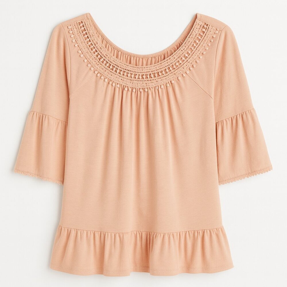 WinWin Peach Crochet Accent Blouse 3/4 Bell Sleeve L-X